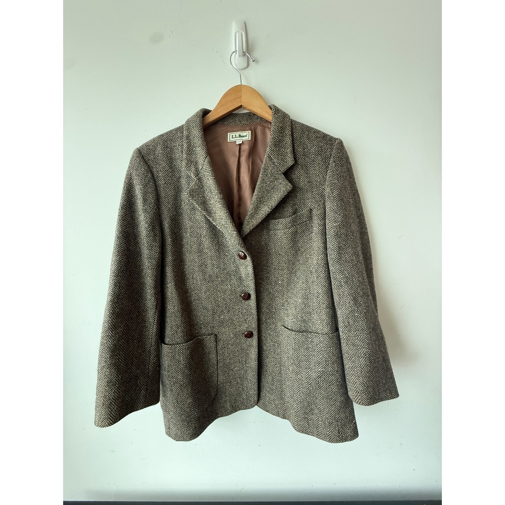 LL Bean Vintage Herringbone Wool Blazer Jacket Grey Brown Women's USA 10P